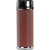 Product studio shot of a brown Yixing Travel Mug against a white background, emphasizing its cylindrical shape, metallic accents, and premium raw ore purple clay construction