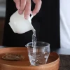 Pouring water from a white porcelain pitcher (matching the 100 ml gaiwan set) into a glass pitcher on a wooden tray