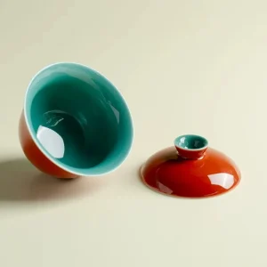 120 ml Gaiwan, Chinese Gaiwan Tea Cup with lid removed, revealing glossy turquoise interior, handcrafted porcelain gaiwan cup