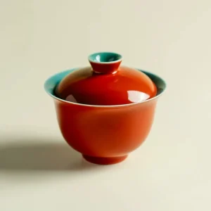 120 ml Gaiwan, Chinese Gaiwan Tea Cup with vibrant red exterior and turquoise interior, handcrafted porcelain gaiwan cup for traditional tea brewing
