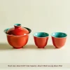 Chinese Style 120ml Gaiwan Tea Cup, Kung Fu Tea Set 11 120 ml Gaiwan, Chinese Gaiwan Tea Cup set with two 45ml matching teacups, vibrant red exterior and turquoise interior porcelain gaiwan cup for traditional tea ceremonies