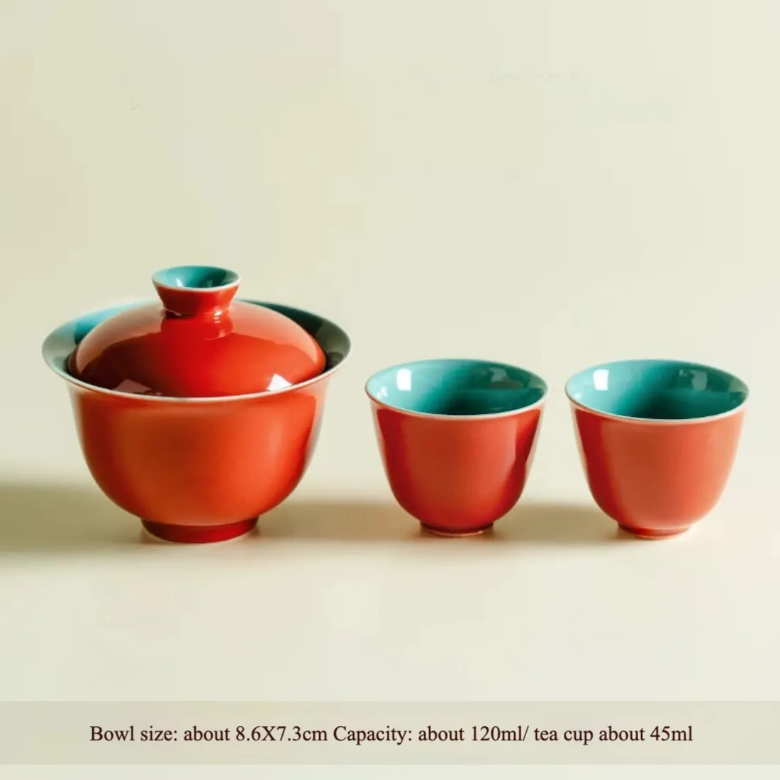 Chinese Style 120ml Gaiwan Tea Cup, Kung Fu Tea Set 5 120 ml Gaiwan, Chinese Gaiwan Tea Cup set with two 45ml matching teacups, vibrant red exterior and turquoise interior porcelain gaiwan cup for traditional tea ceremonies