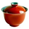 Chinese Style 120ml Gaiwan Tea Cup, Kung Fu Tea Set 13 120 ml Gaiwan, Chinese Gaiwan Tea Cup on white background, red and turquoise porcelain gaiwan cup for gongfu tea preparation