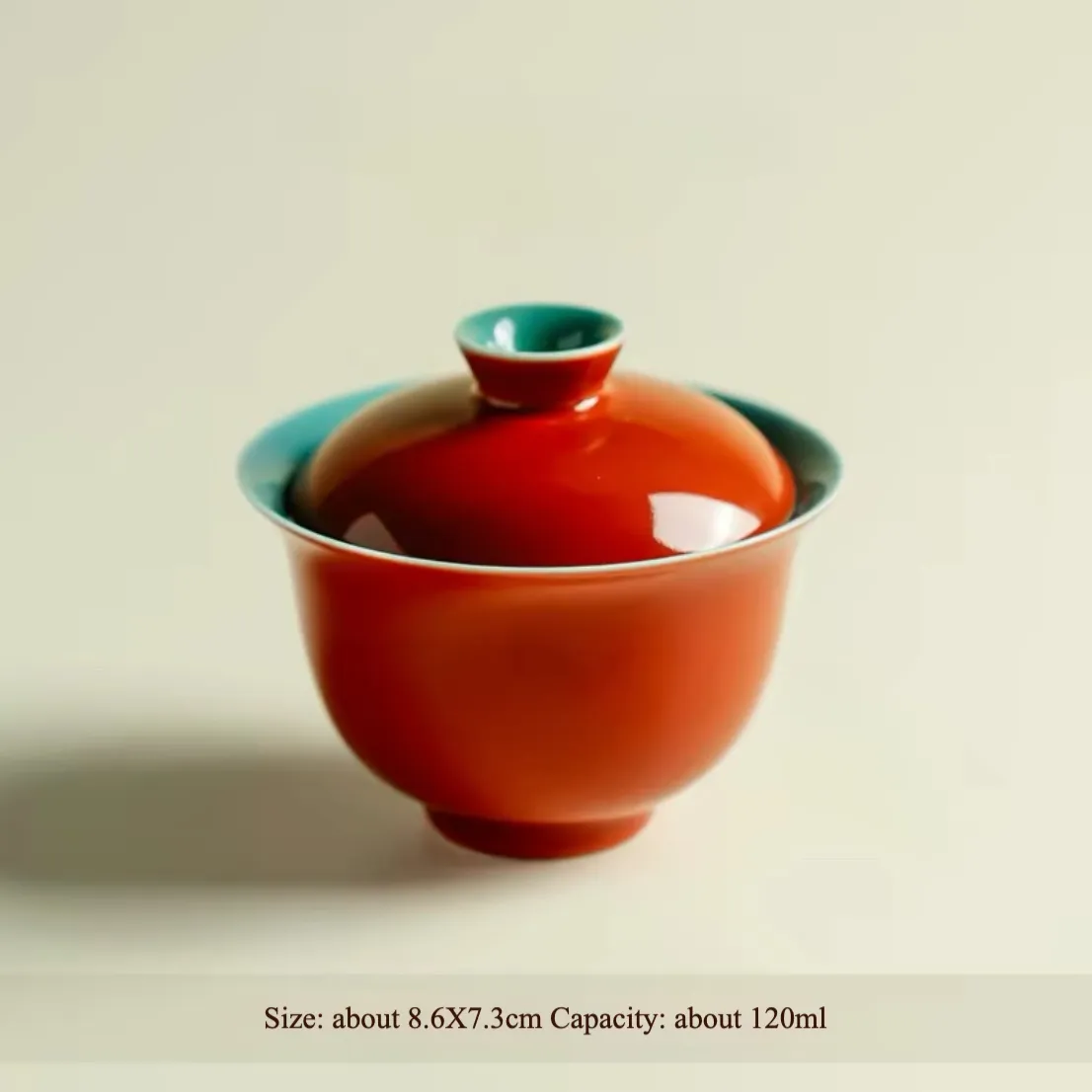 Chinese Style 120ml Gaiwan Tea Cup, Kung Fu Tea Set 6 120 ml Gaiwan, Chinese Gaiwan Tea Cup with size and capacity details, red and turquoise porcelain gaiwan cup for authentic tea brewing
