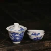 60ml Gaiwan and 2 tea cups set, a Small Gaiwan with hand-painted blue and white landscape patterns, ideal for intimate tea sharing.