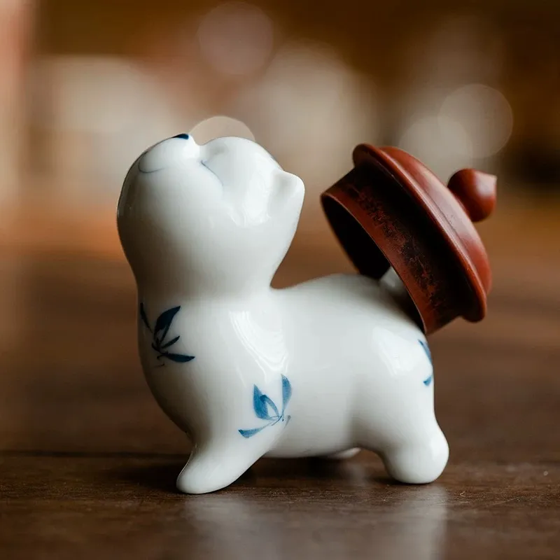 Hand-Painted Sassy Cat Ceramic Tea Pet 7 Multi-functional Cat Tea Pet used as teapot lid rest, hand-painted blue and white ceramic