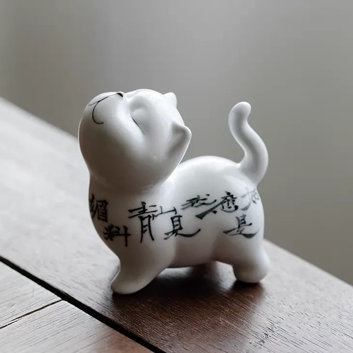 Hand-Painted Sassy Cat Ceramic Tea Pet 4 Cat Tea Pet with Chinese calligraphy design, hand-painted white ceramic tea ornament
