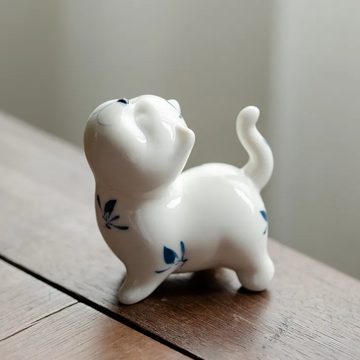 Hand-Painted Sassy Cat Ceramic Tea Pet 3 Hand-painted blue butterfly Cat Tea Pet, glossy white ceramic tea table ornament