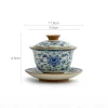 Chinese Gaiwan Tea Set with detailed dimensions, showcasing the porcelain gaiwan and saucer adorned with intricate blue and white floral patterns.