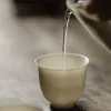 Pouring tea into a white porcelain teacup, part of an elegant White Porcelain Gaiwan tea set for traditional gongfu tea.