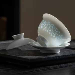 Rice Pattern Gaiwan under soft light, highlighting the translucent floral motifs on its milky white porcelain body.