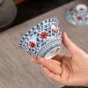 Hand holding a Glazed Porcelain Gaiwan, revealing the delicate blue and red floral design on its exterior.
