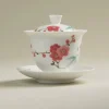 Red Blossom Gaiwan product shot on a neutral background, featuring intricate hand-painted plum blossom and bamboo artwork on fine white porcelain