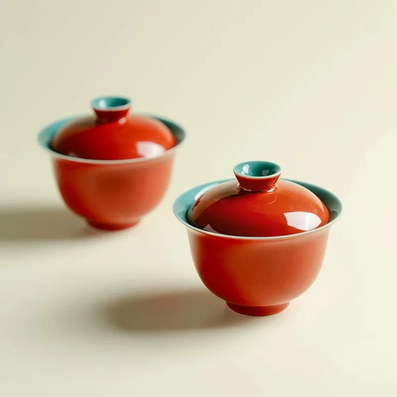 Chinese Style 120ml Gaiwan Tea Cup, Kung Fu Tea Set 4 Pair of 120 ml Gaiwan, Chinese Gaiwan Tea Cup set with red glaze and turquoise interior, elegant porcelain gaiwan cup for tea ceremonies