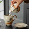 Pouring tea from a Cat Gaiwan into a matching pitcher, both featuring playful cat and persimmon designs for a cohesive tea set.
