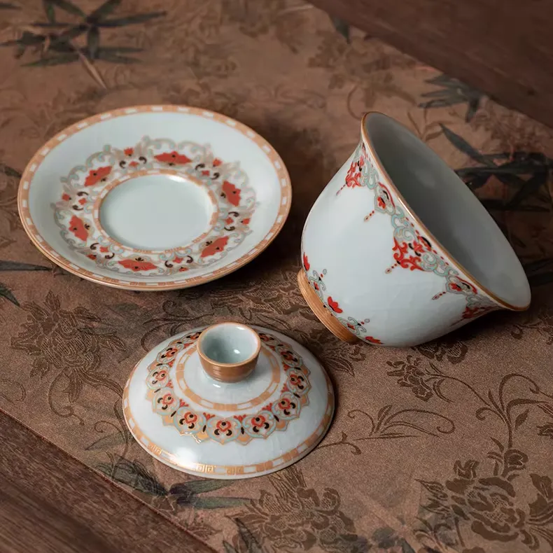Ru Kiln Vintage Dunhuang Treasure Flower Gaiwan Tea Set 160ml 4 Disassembled Ru Kiln Gaiwan set, showcasing the crackled glaze and intricate vintage patterns on this elegant Vintage Gaiwan Tea Set.