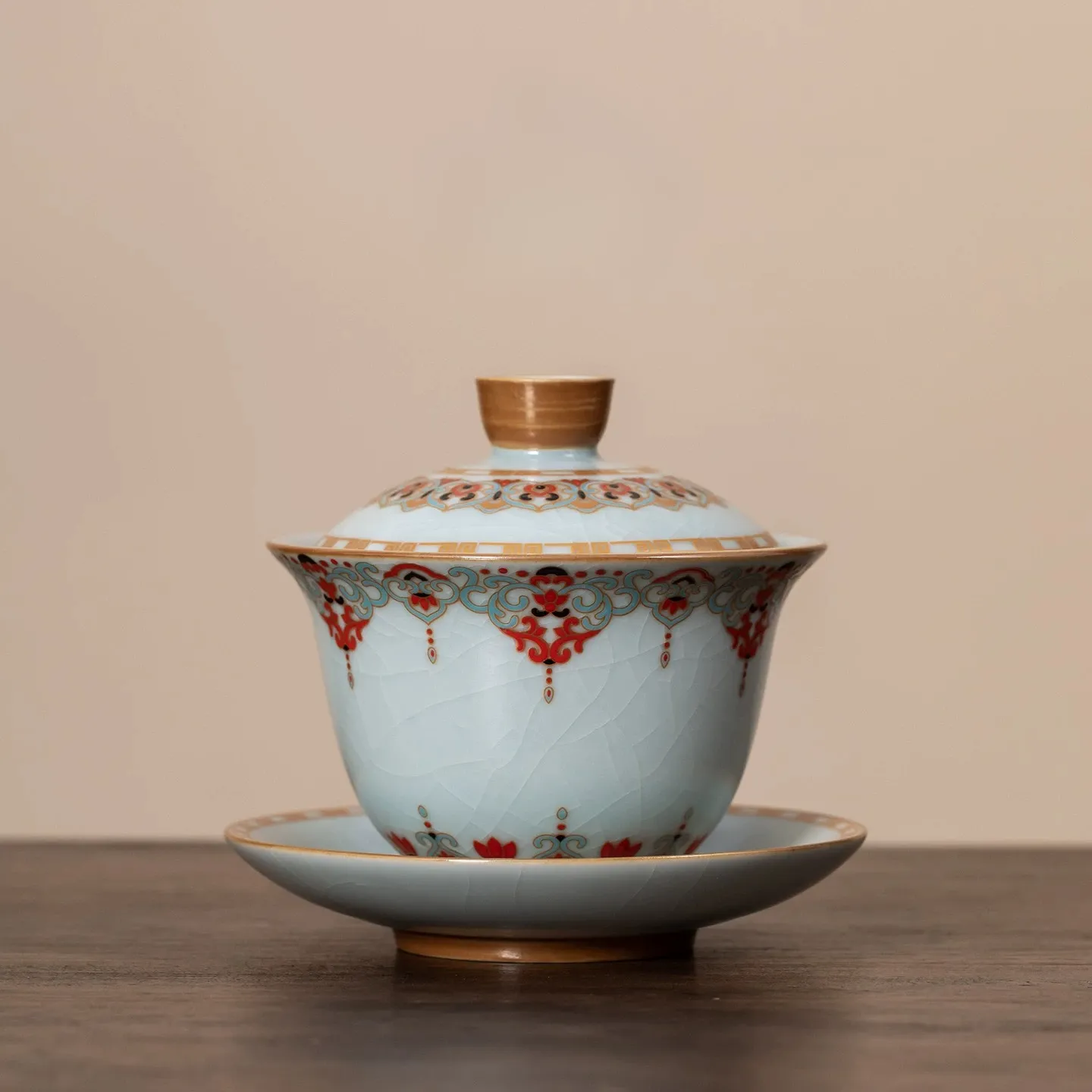 Ru Kiln Vintage Dunhuang Treasure Flower Gaiwan Tea Set 160ml 1 Complete Ru Kiln Gaiwan from a Vintage Gaiwan Tea Set, displayed on a dark wooden table to highlight its elegant vintage design and crackled glaze.