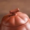 Close-up of the lid on a Yixing Pumpkin Teapot, highlighting the unique branch-shaped knob and the texture of Yixing Purple Sand clay.