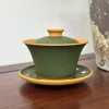 Green and yellow 200 ml Gaiwan, a Large Gaiwan with delicate plum blossom patterns, ideal for traditional tea brewing.